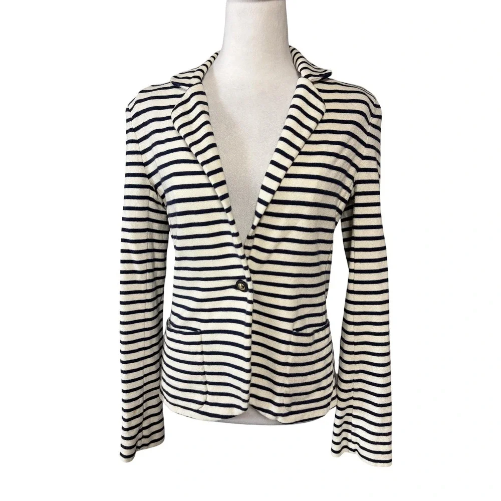 Tory Burch Blazer Jacket Womens‎ S White Navy Striped Cotton Knit Nautical